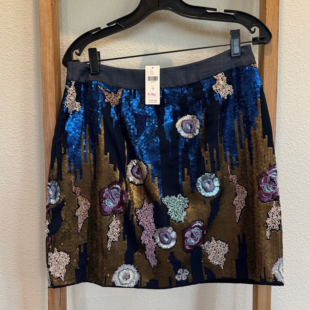 Anthropologie Navy, Gold & Purple Sequin Floral Mini Skirt